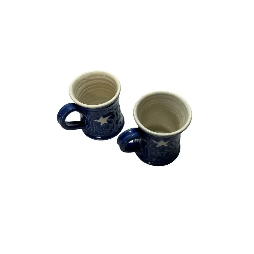 Handmade Art Ceramic Pottery Pair Of Sun And Moon Mugs Blue And White 2 Cups